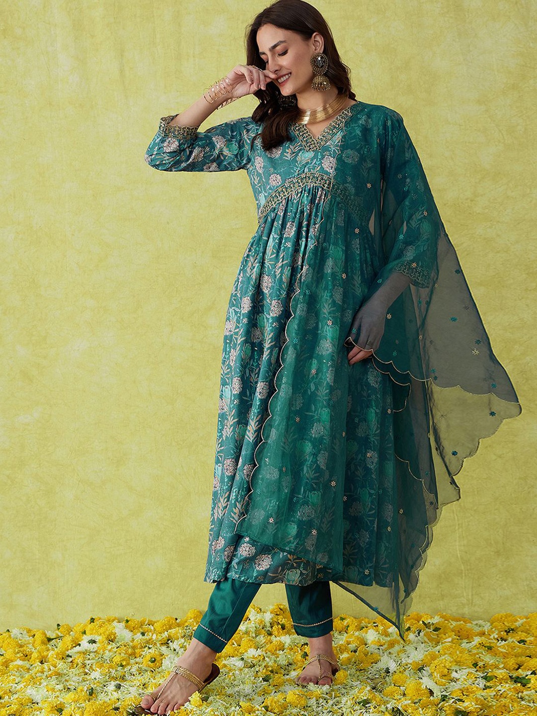 

SheWill Floral Embroidered V-Neck Sequinned Empire Anarkali Kurta With Trouser & Dupatta, Teal