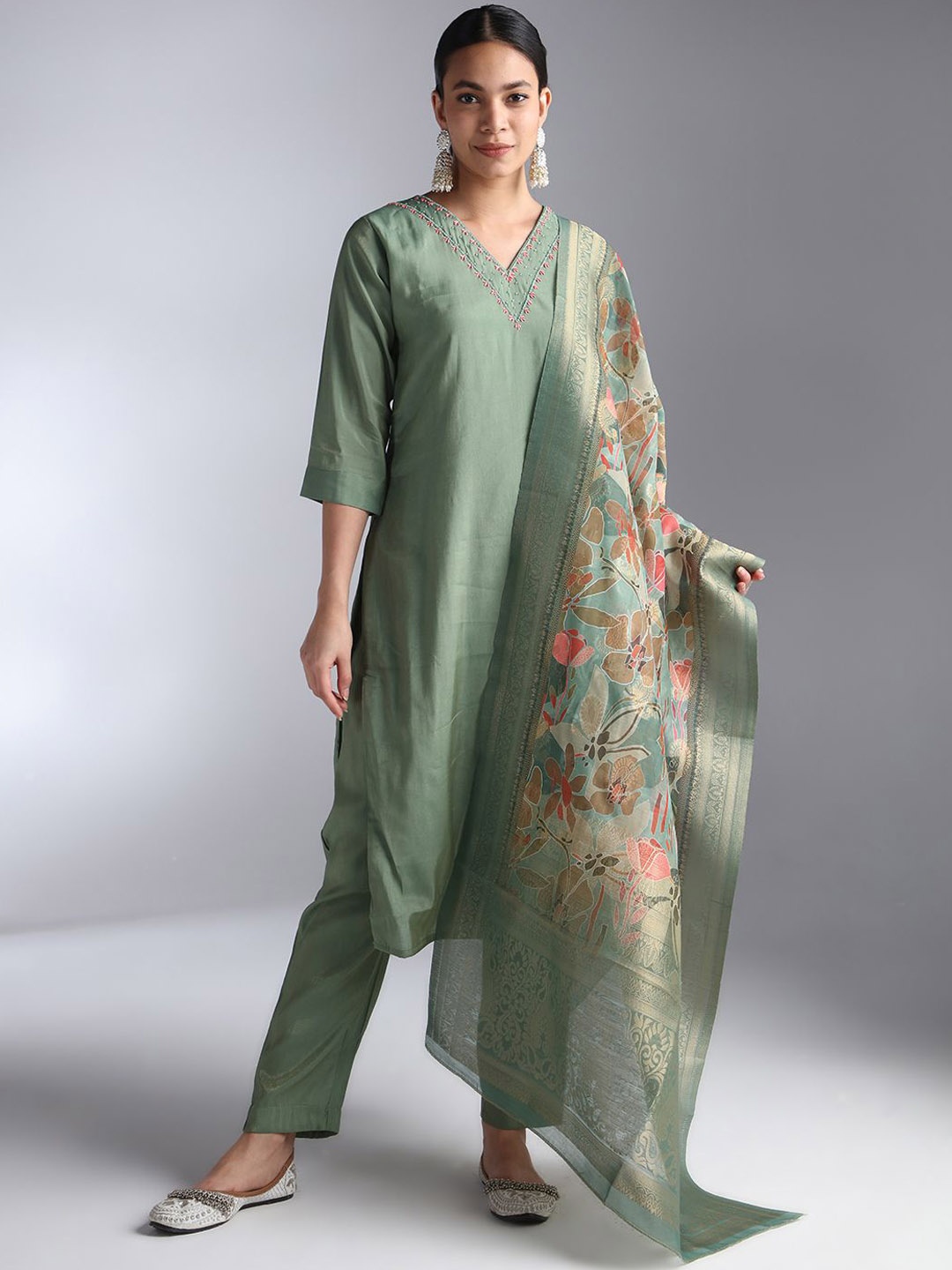 

House Of Dharaa V-Neck Chanderi Silk Kurta With Trousers & Dupatta, Sea green