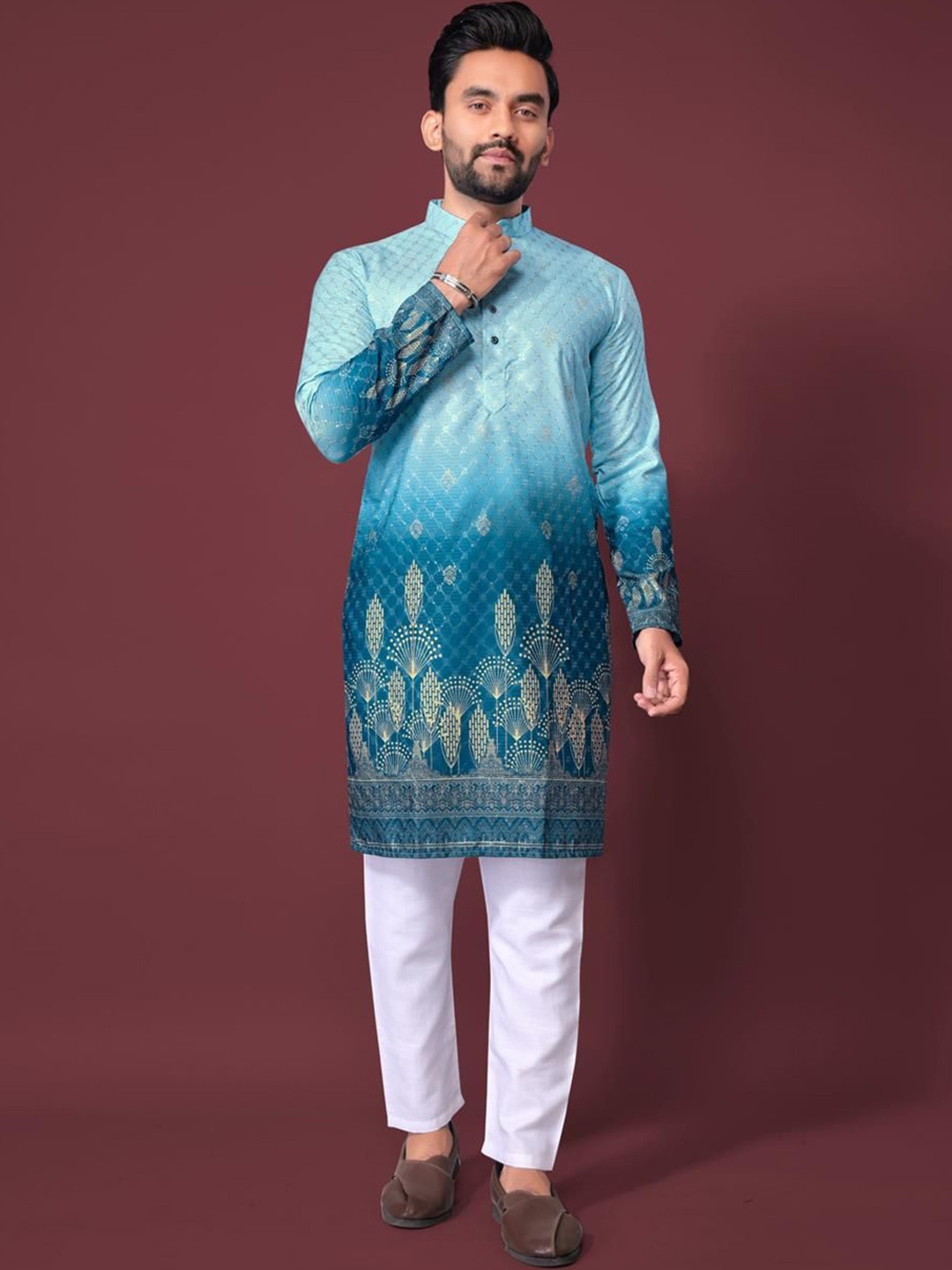 

Moda Rapido Geometric Woven Design Mandarin Collar Straight Kurta, Blue