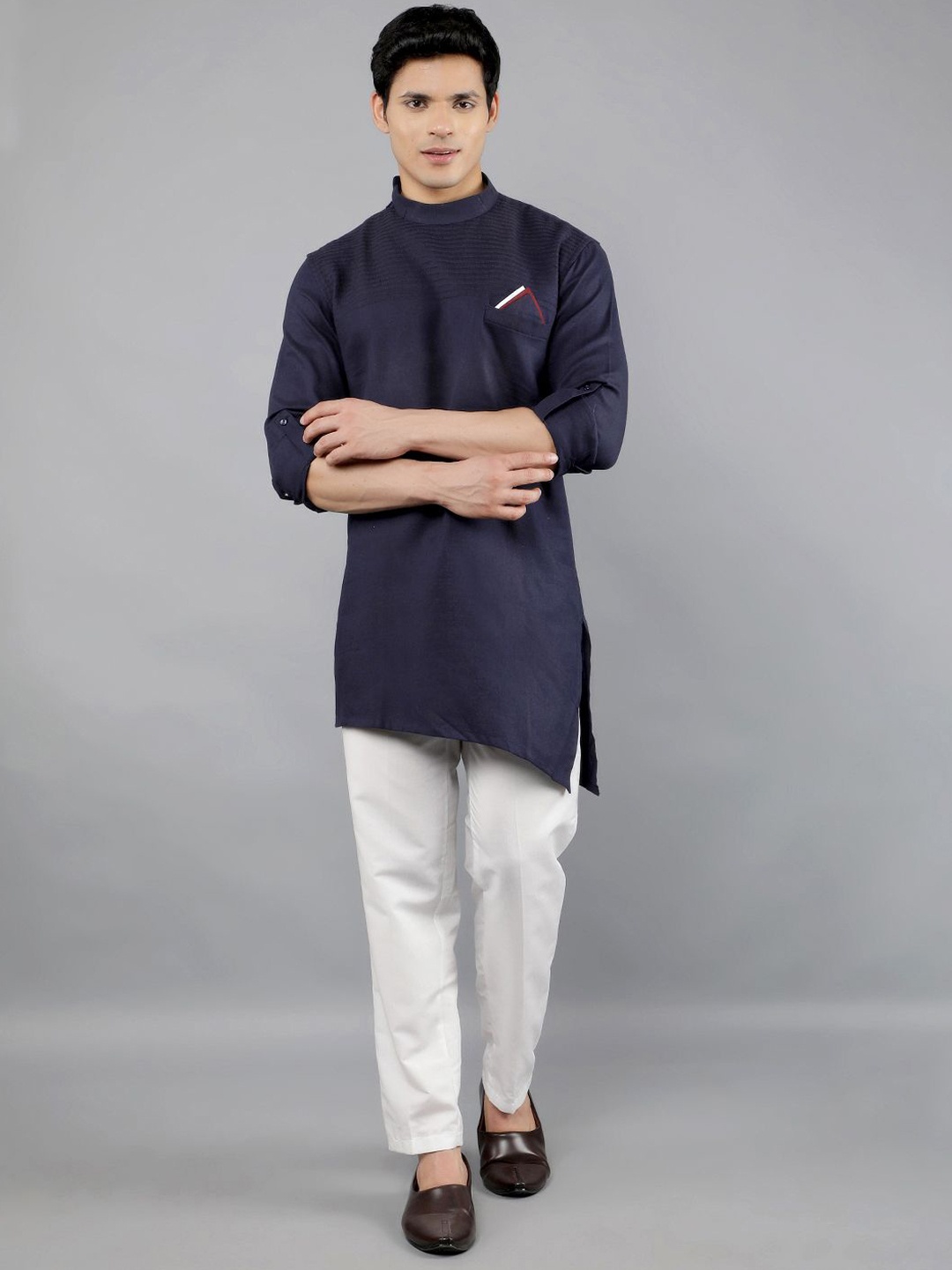 

Manish Creations Roll-Up Sleeves Straight Kurta With Trousers, Navy blue