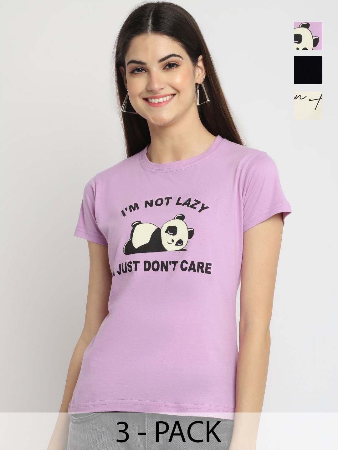 

Dreambe Women Pack Of 3 Typography Printed Round Neck Cotton T-shirts, Lavender