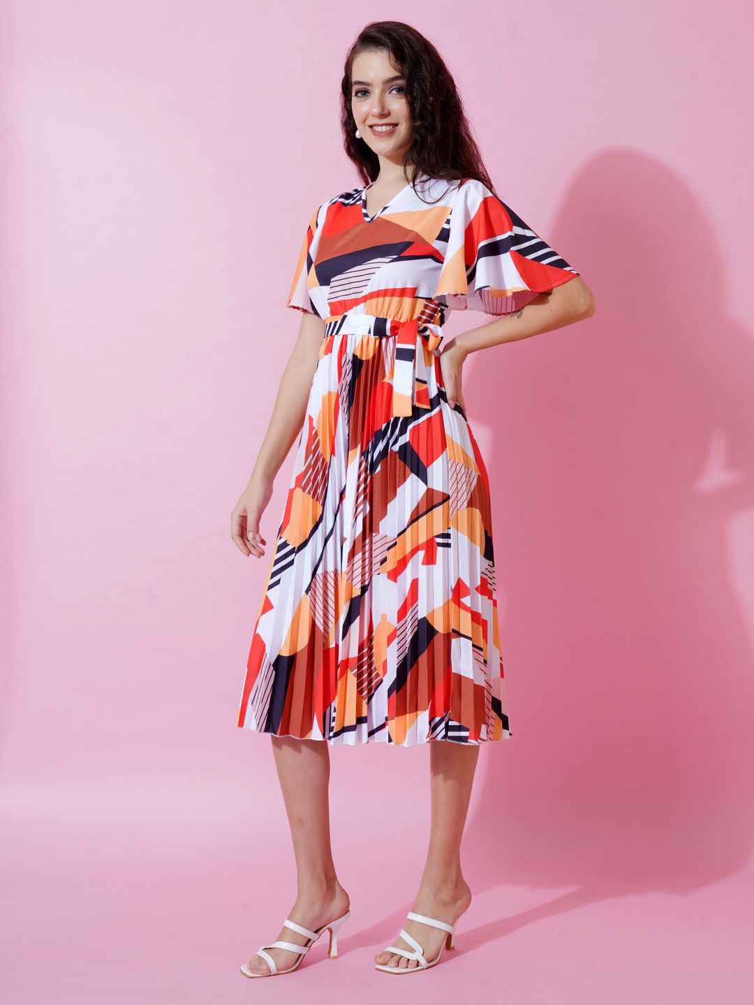 

ZWERLON Women's Abstract Print Fit & Flare V Neck Midi Dress, White