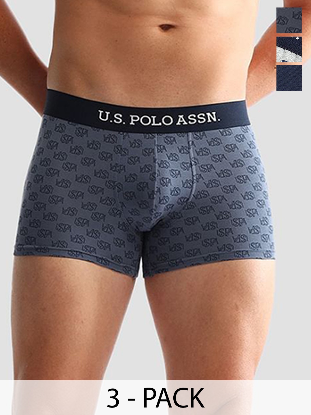 

U.S. Polo Assn. Men Pack Of 3 Anti-Microbial Printed Underwear Trunks - OET14-GBN-P3, Grey melange