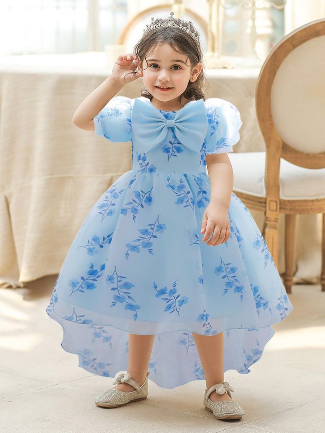 

LULU & SKY Floral Print Puff Sleeve High-Low Fit & Flare Midi Dress, Blue