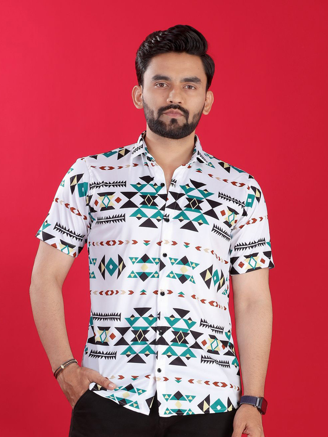 

Metronaut Men Standard Regular Fit Spread Collar Geometric Printed Elastane Casual Shirt, White