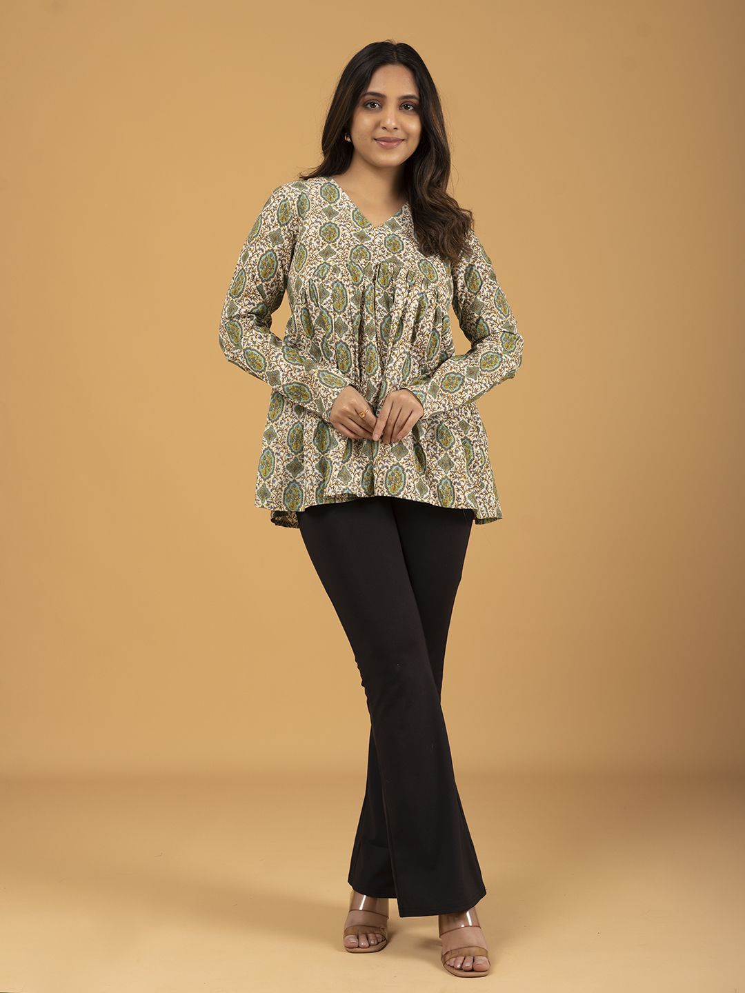 

SPARSA Women Floral Printed V-Neck Cotton Top, Beige