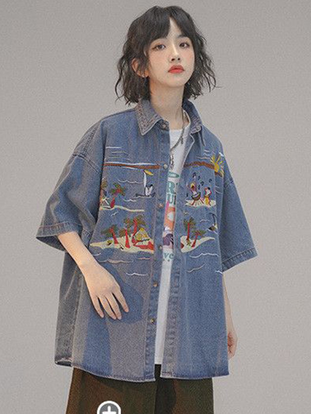 

DressBerry Women Tropical Embroidered Cotton Shirt Style Top, Blue