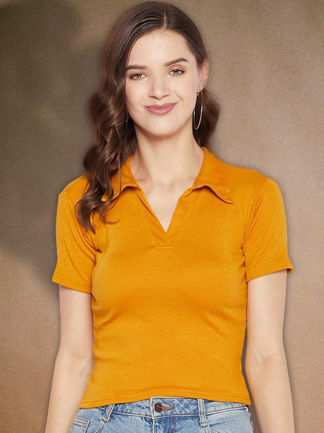 

Moda Rapido Women Ribbed Fitted Crop Top, Mustard