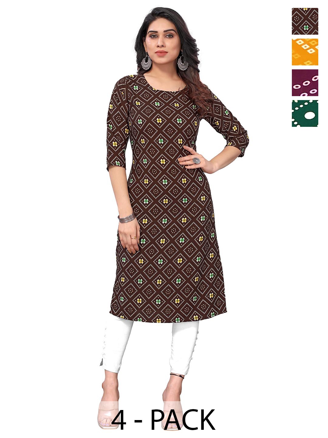 

KETAKI FASHION Selection Of 4 Geometric Printed Round Neck Straight Kurta, Brown