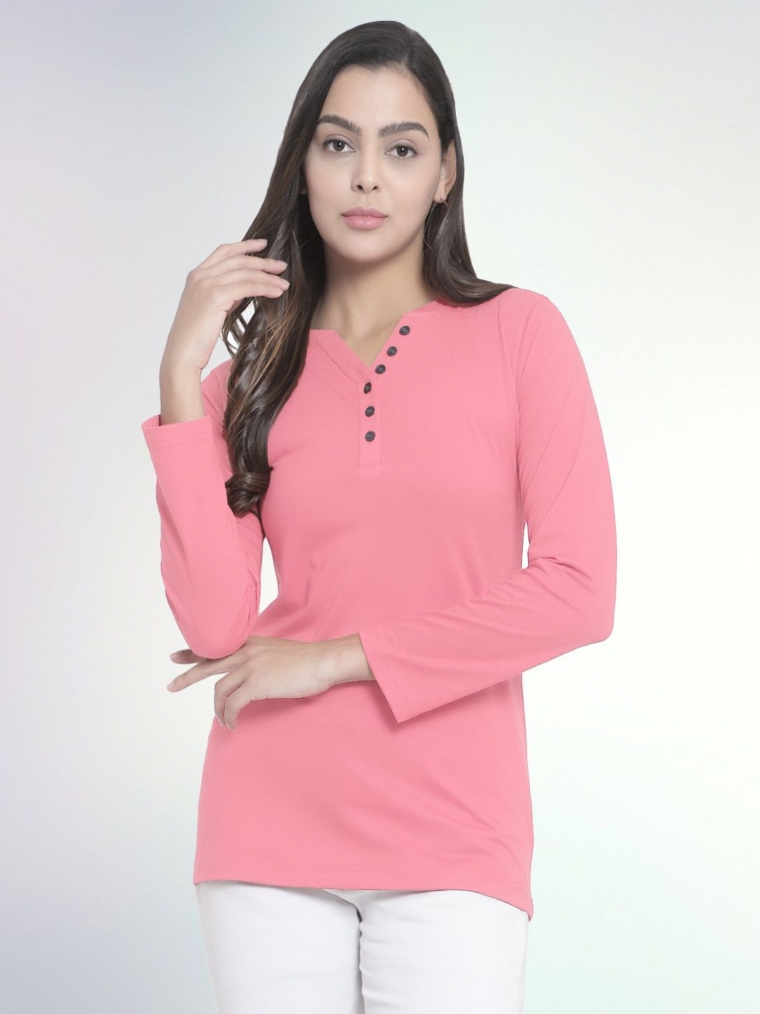 

Boldwink Women Solid V-Neck Cotton Slim Fit T-shirt, Pink