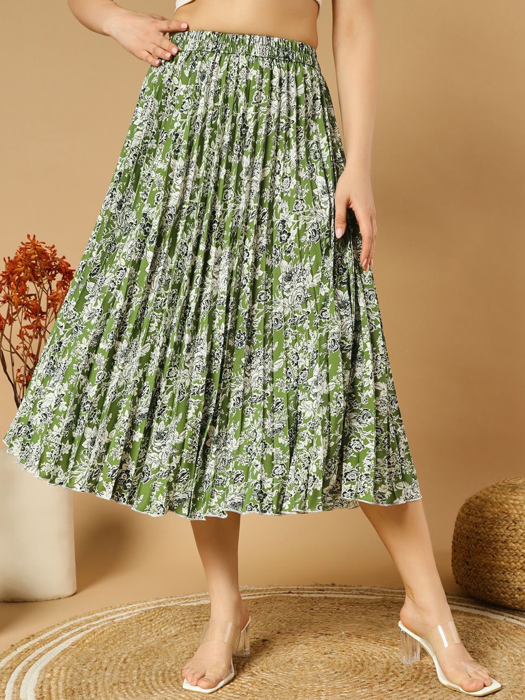 

ZWERLON Women Floral Printed Pleated Midi Skirt, Green