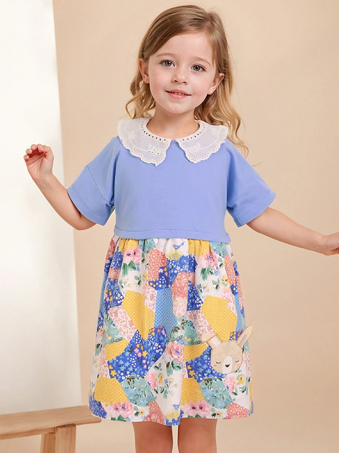 

LULU & SKY Girls Floral Printed Peter Pan Collar Cotton Fit & Flare Dress, Blue