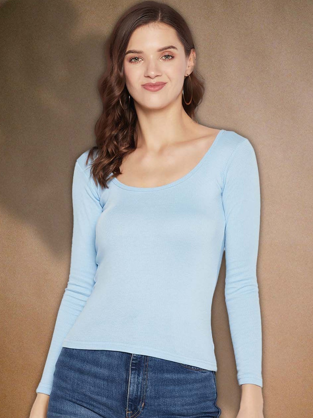 

Moda Rapido Women Ribbed Scoop Neck Fitted Top, Blue