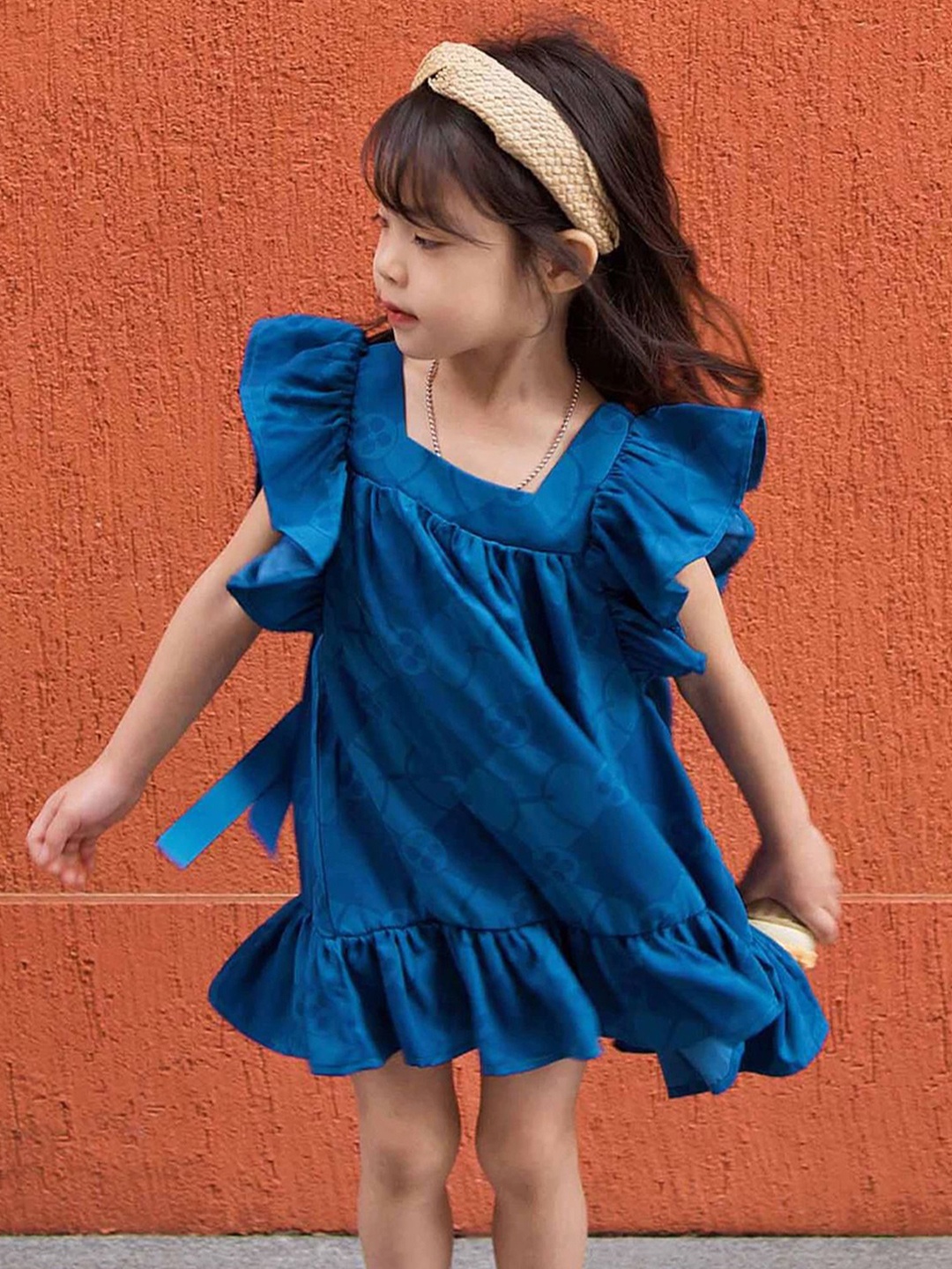 

LULU & SKY Gathered or Pleated Flared Sleeves A-Line Dress, Blue