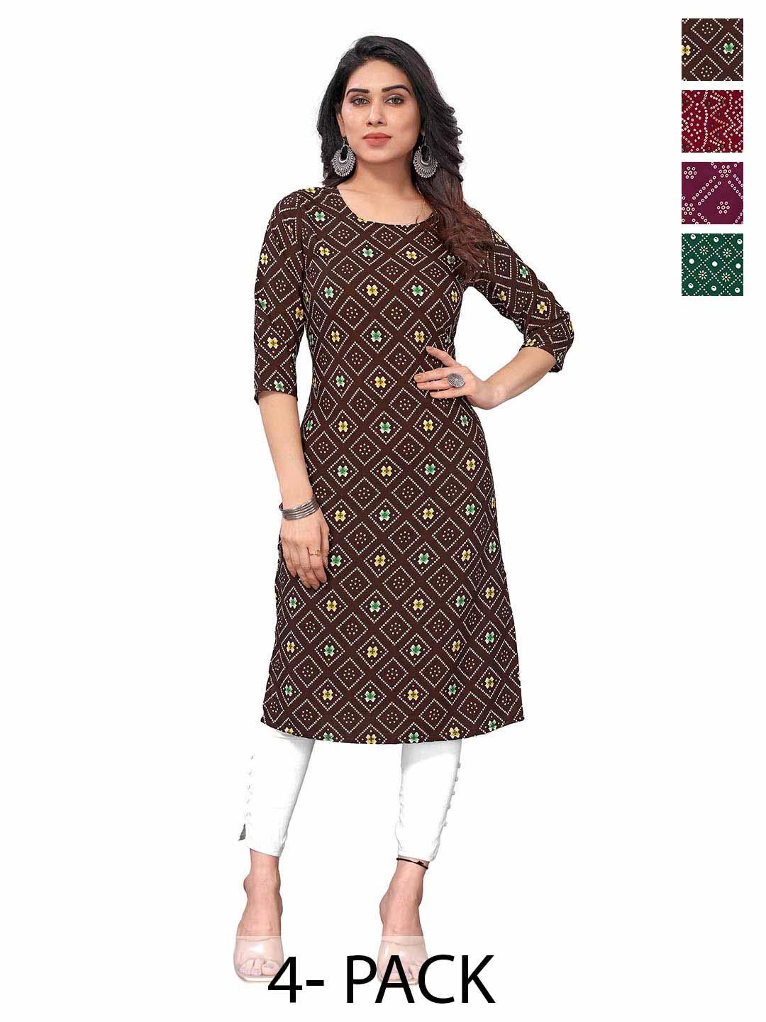 

KETAKI FASHION Selection Of 4 Geomteric Printed Round Neck Straight Kurtas, Brown