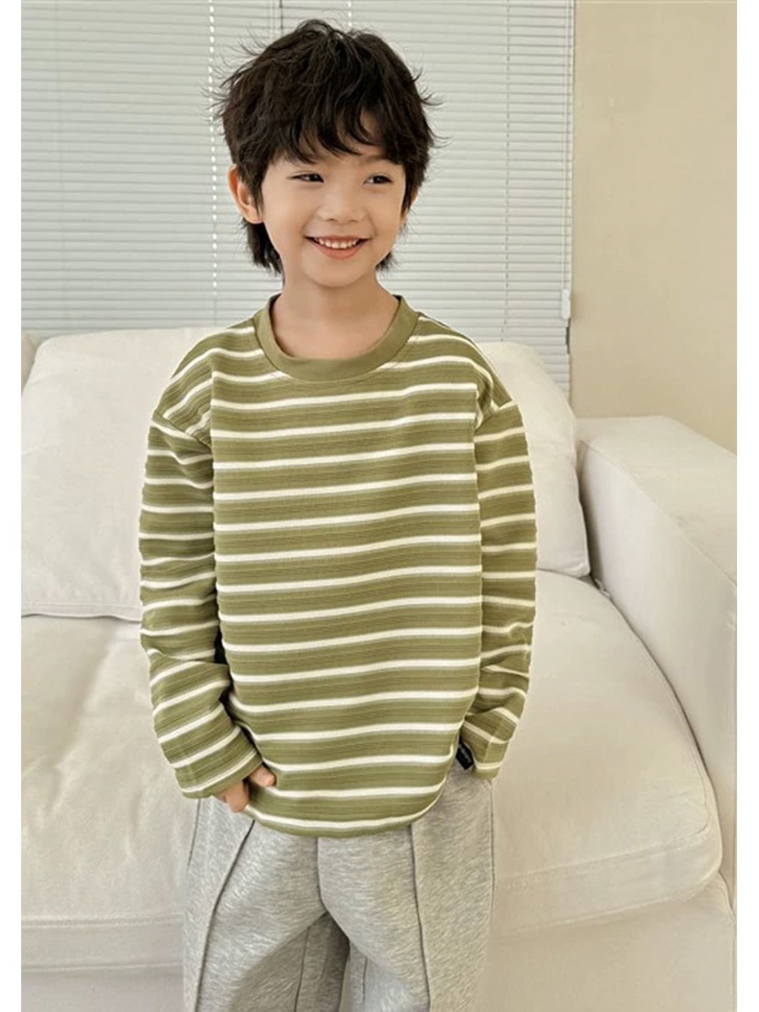 

LULU & SKY Boys Striped Round Neck Oversized T-shirt, Olive