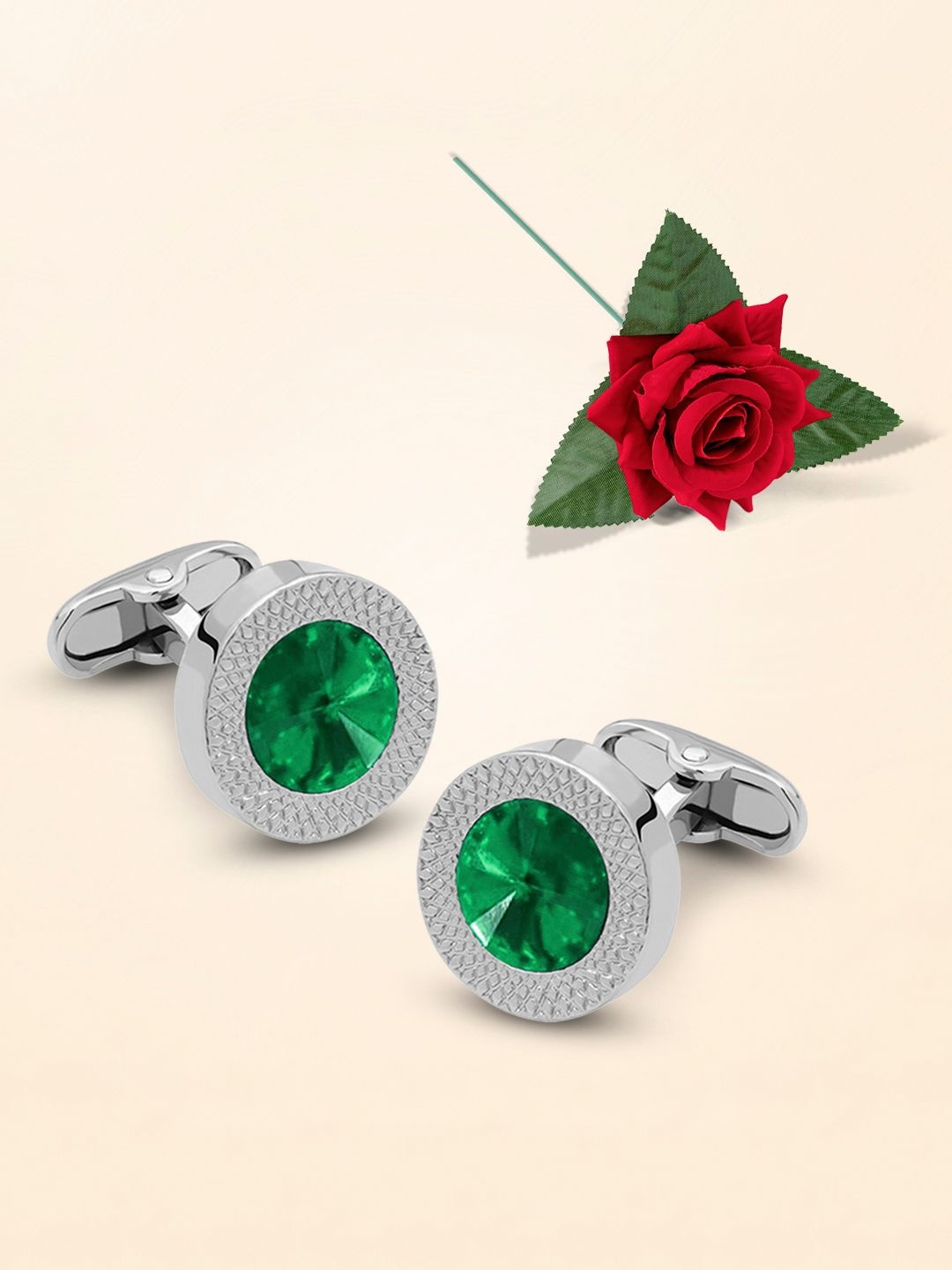 

Peora Contemporary Cufflink With Red Rose, Silver