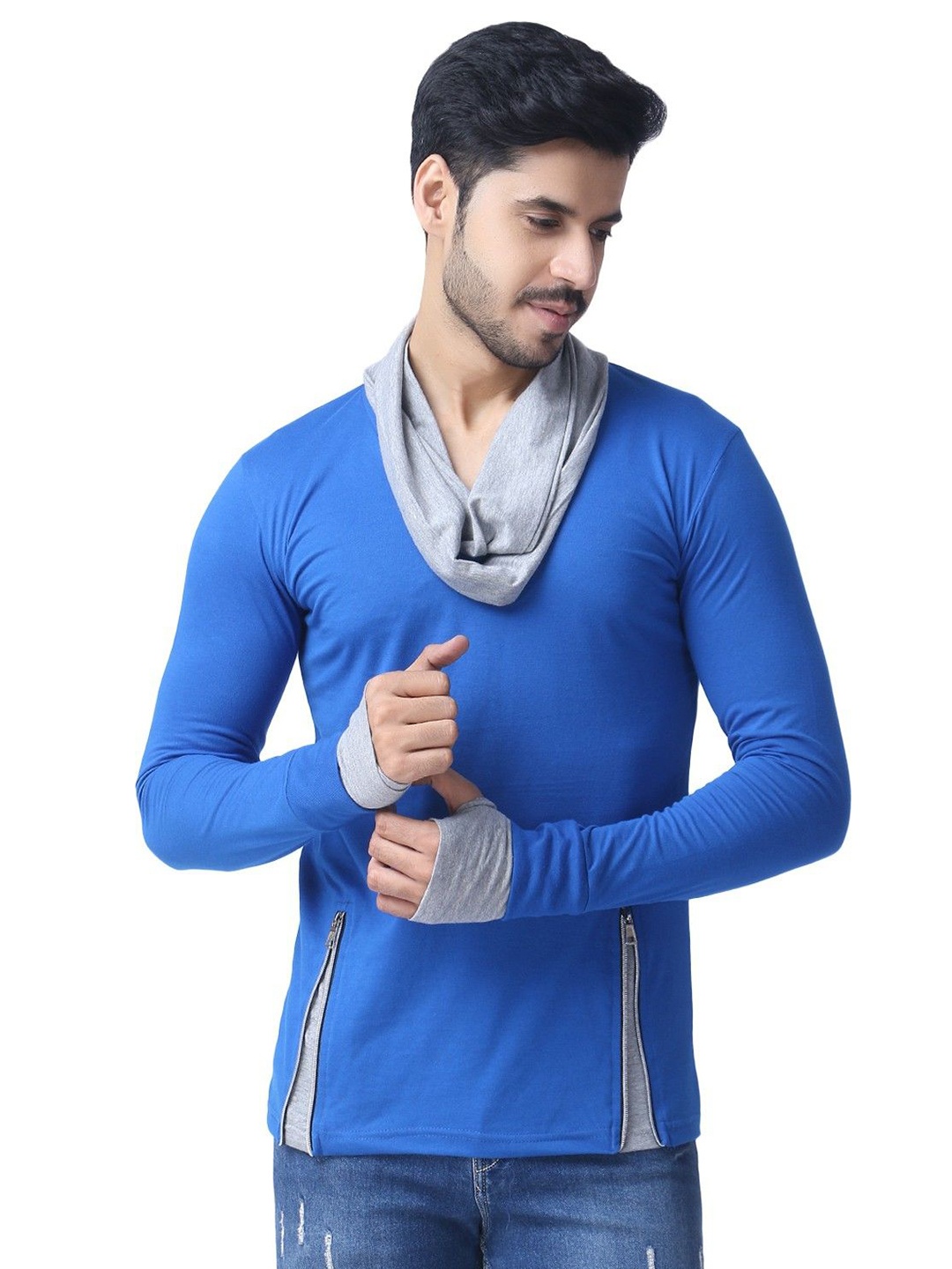 

Black Collection Men Solid Cowl Neck Cotton Slim Fit T-shirt, Blue