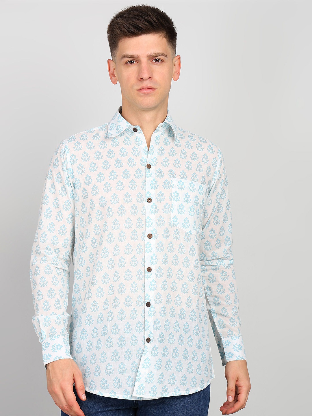 

Label Ceres Men Premium Slim Fit Spread Collar Floral Printed Cotton Casual Shirt, White