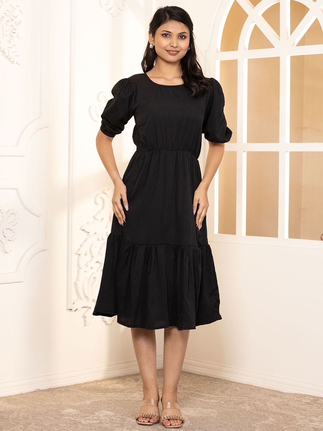 

Istyle Can Puff Sleeve Crepe A-Line Midi Dress, Black