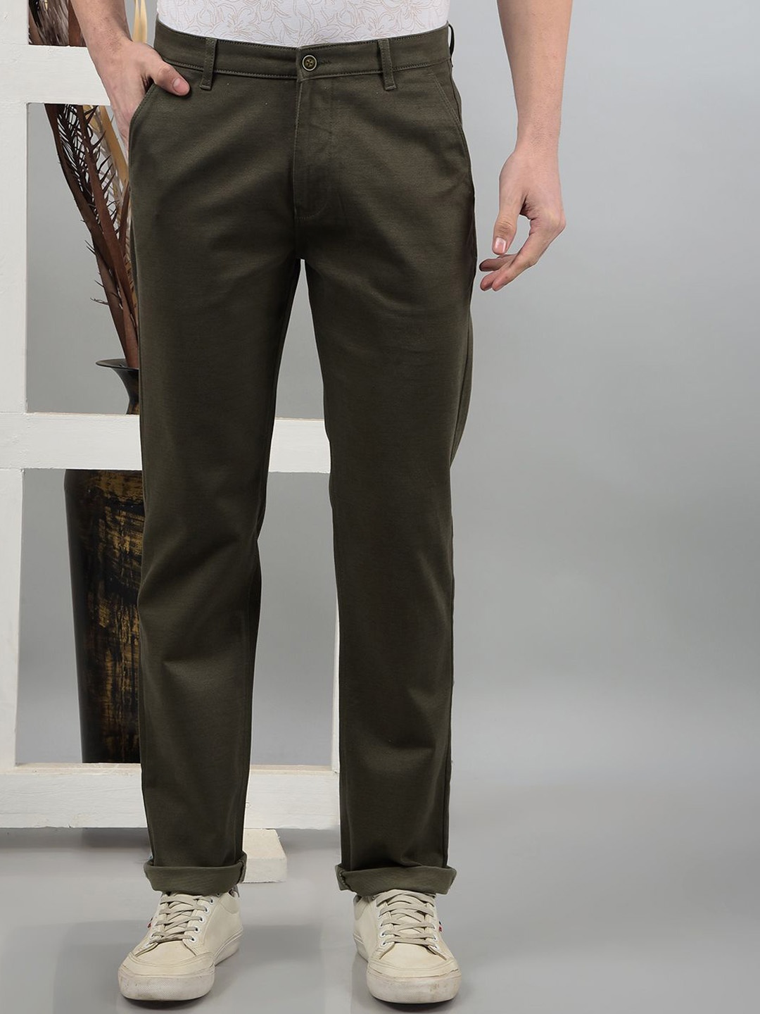 

Crimsoune Club Men Smart Straight Fit Chinos Trousers, Olive
