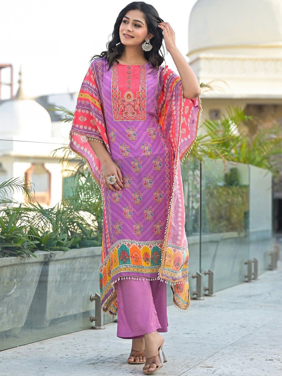 

AUTUMN LANE Floral Printed Round Neck Kaftan Kurta With Trouser, Purple