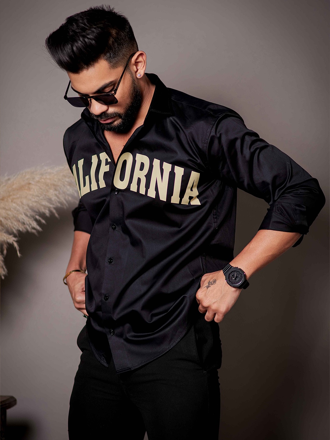 

Foomer Men Standard Fit Spread Collar Typography Printed Satin Casual Shirt, Black