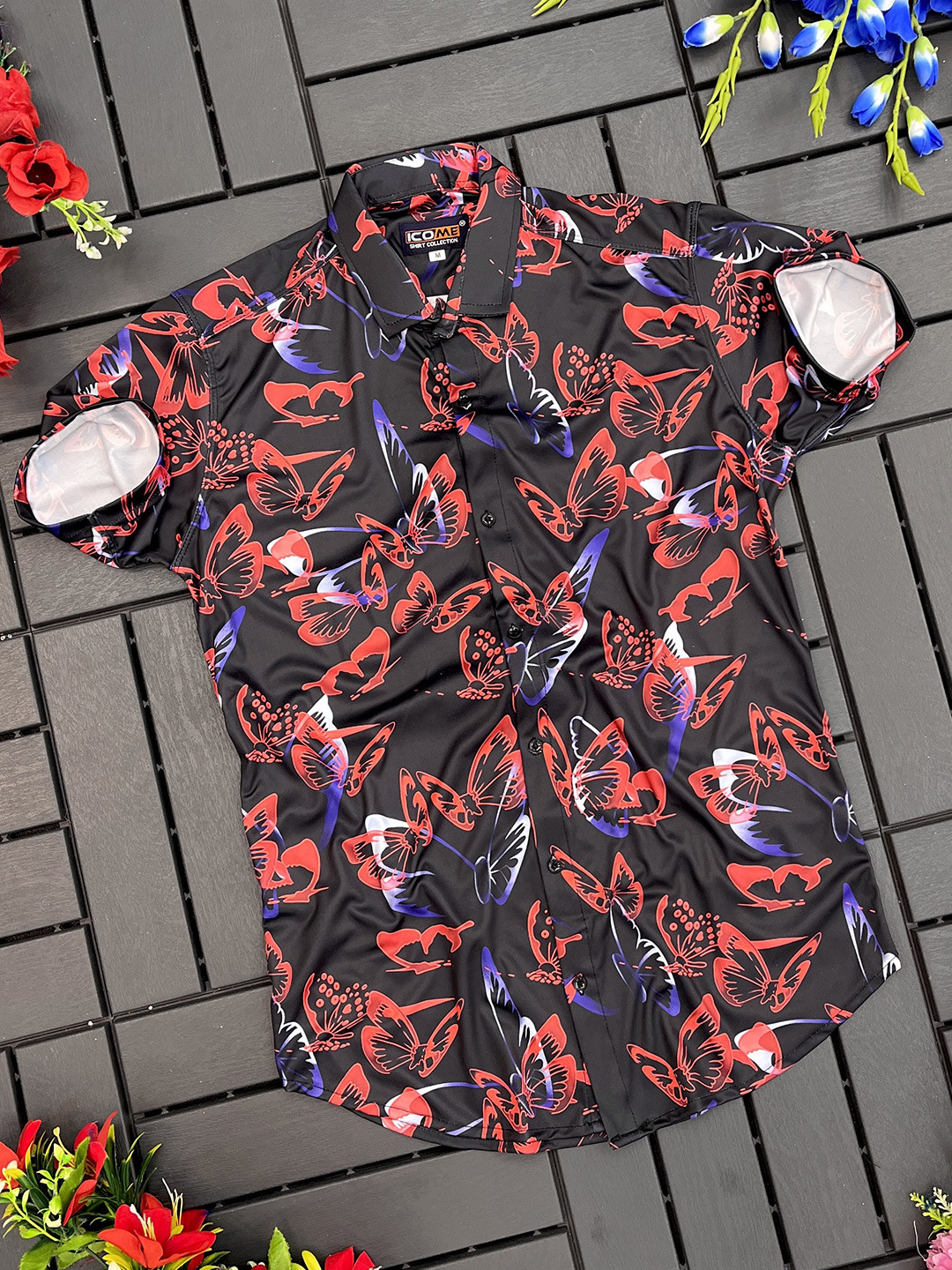 

iCome Men Spread Collar Abstract Printed Cotton Linen Casual Shirt, Black