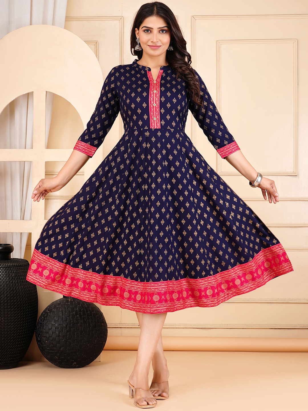 

Moajaza Floral Printed Mandrian Collar Anarkali Ethnic Dress, Navy blue