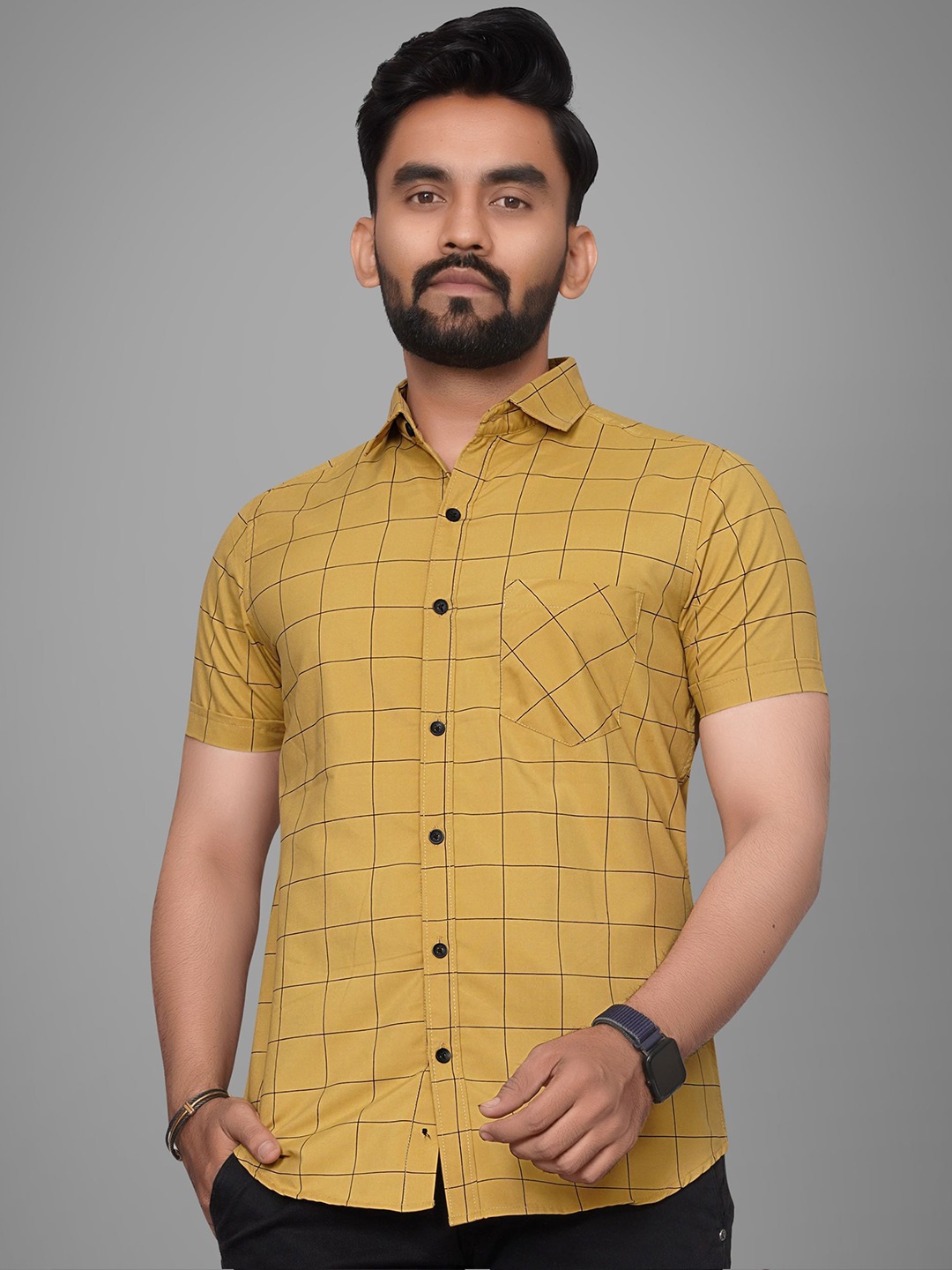 

Metronaut Men Slim Fit Spread Collar Windowpane Checked Cotton Casual Shirt, Yellow
