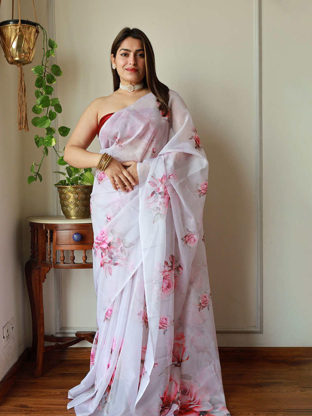 

Anouk Floral Organza Designer Saree, White