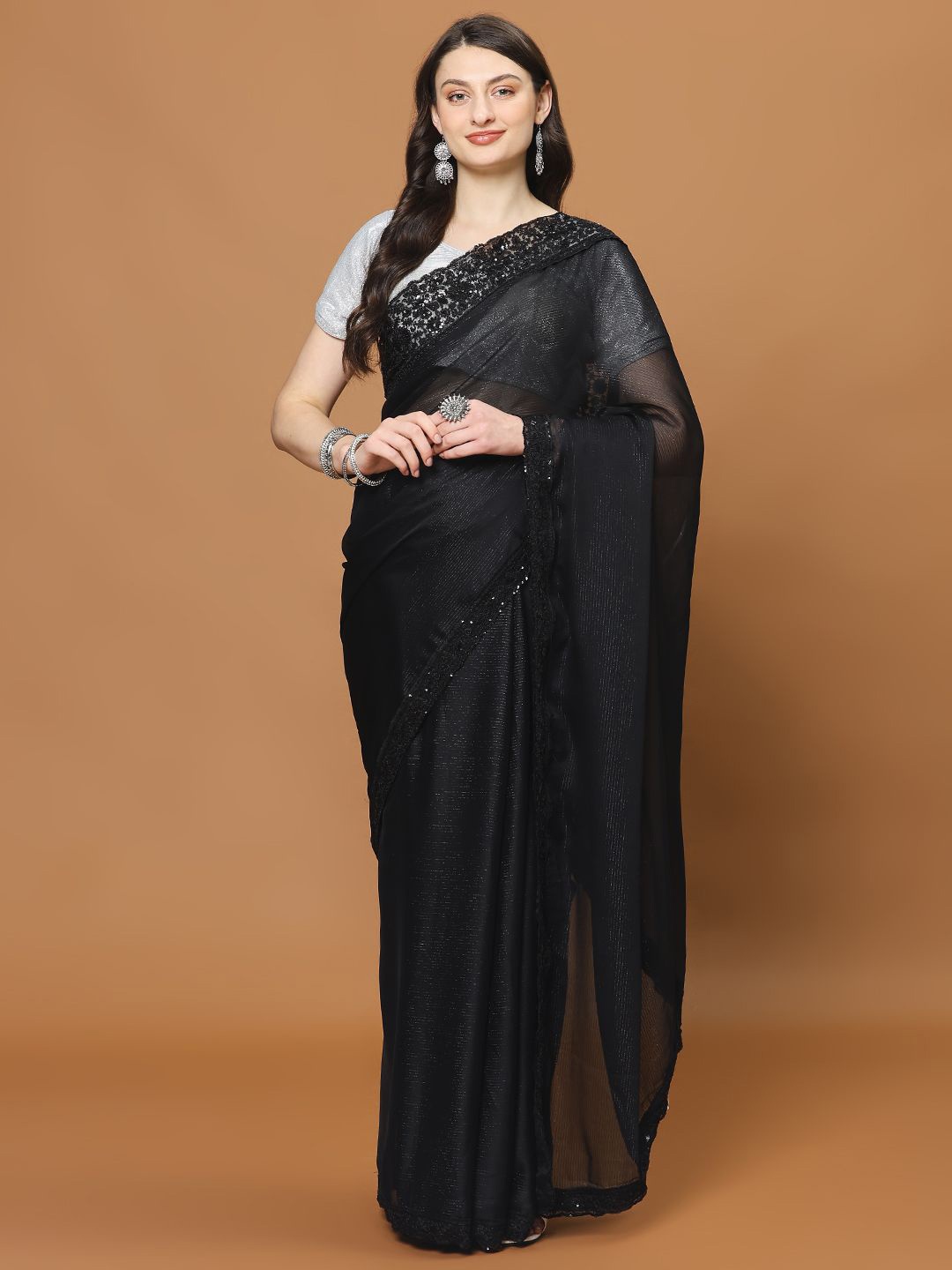 

Meena Bazaar Embellished Striped Beads and Stones Saree, Black