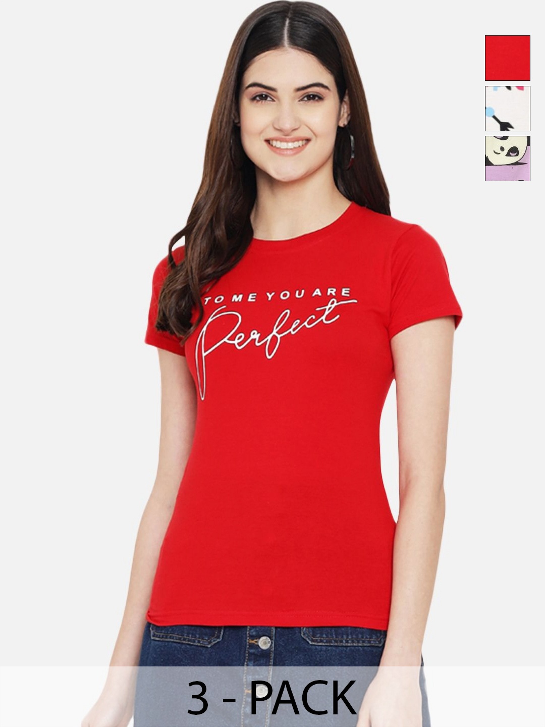 

Dreambe Women Pack Of 3 Graphic Printed Round Neck Cotton T-shirts, Red