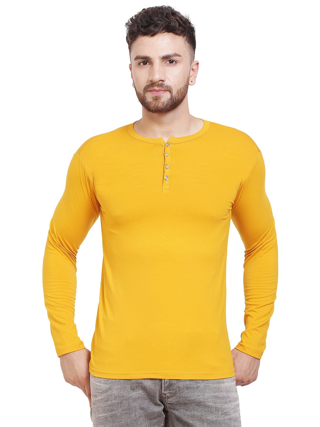 

Black Collection Men Solid Henley Neck Cotton Slim Fit T-shirt, Yellow
