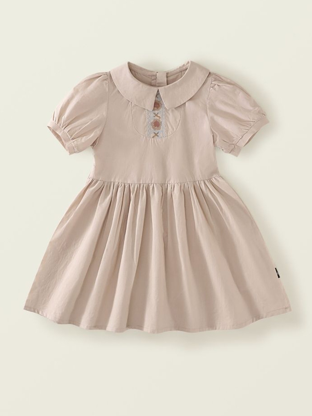 

LULU & SKY Girl Peter Pan Collar Puff Sleeves Cotton Fit & Flare Dress, Beige