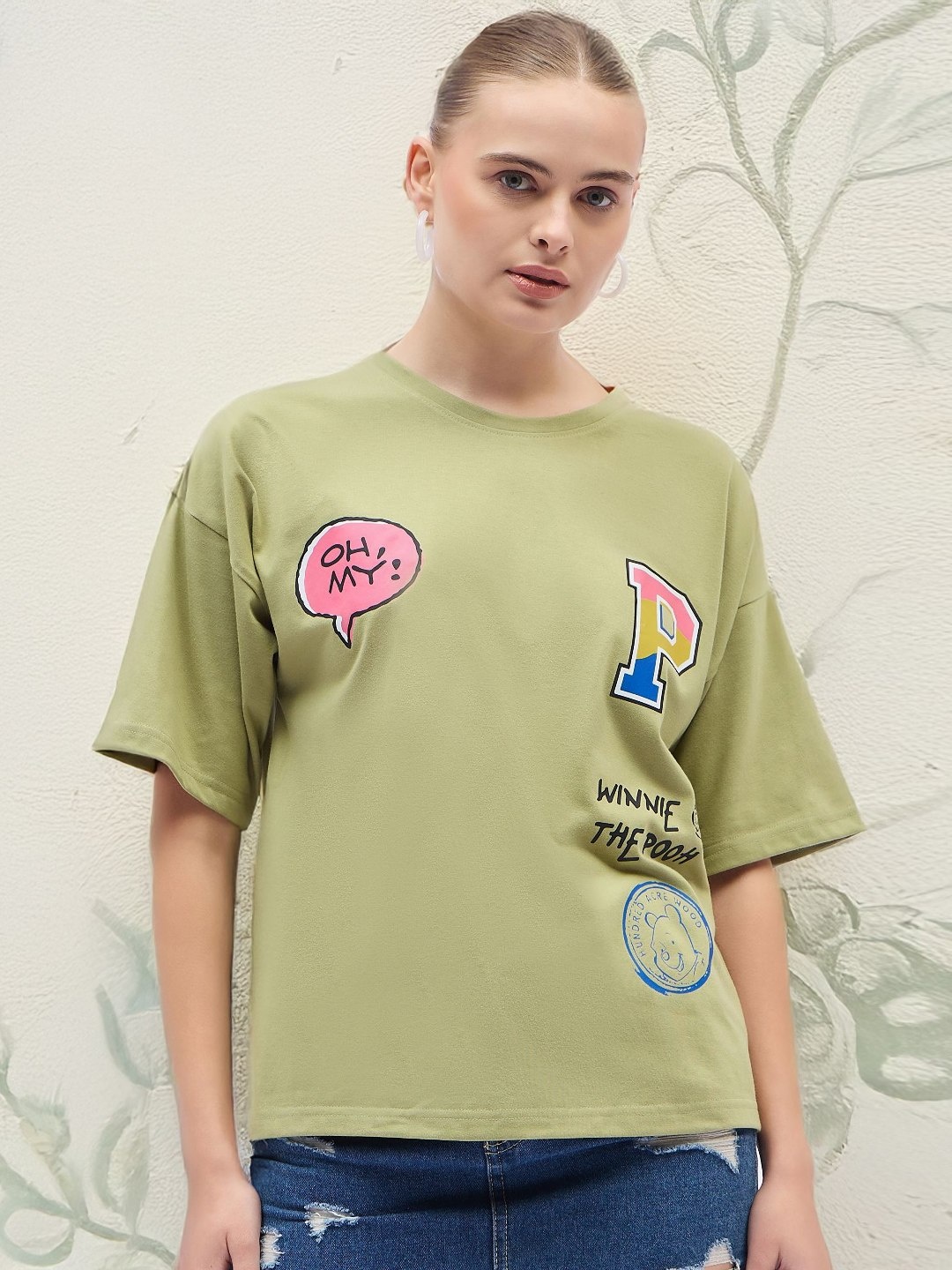 

DressBerry Women Winnie The Pooh Graphic Printed Round Neck Cotton Oversized T-shirt, Olive