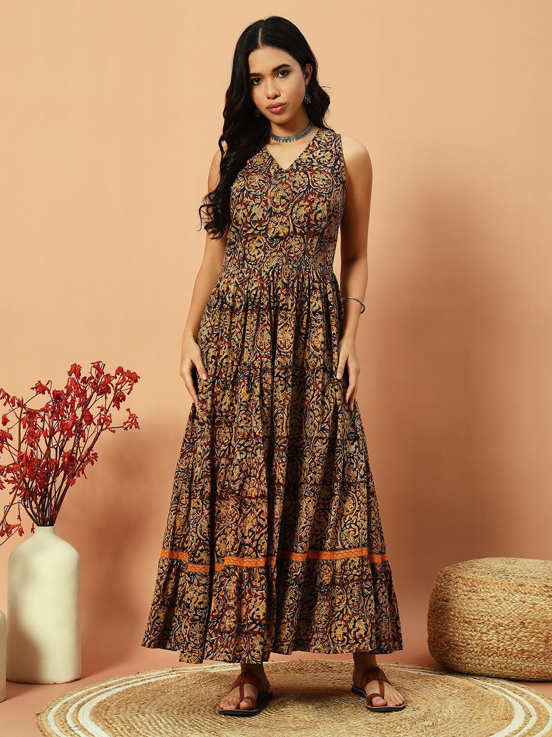 

Bohemian Dream Fit And Flare V-Neck Cotton Maxi Dress, Brown