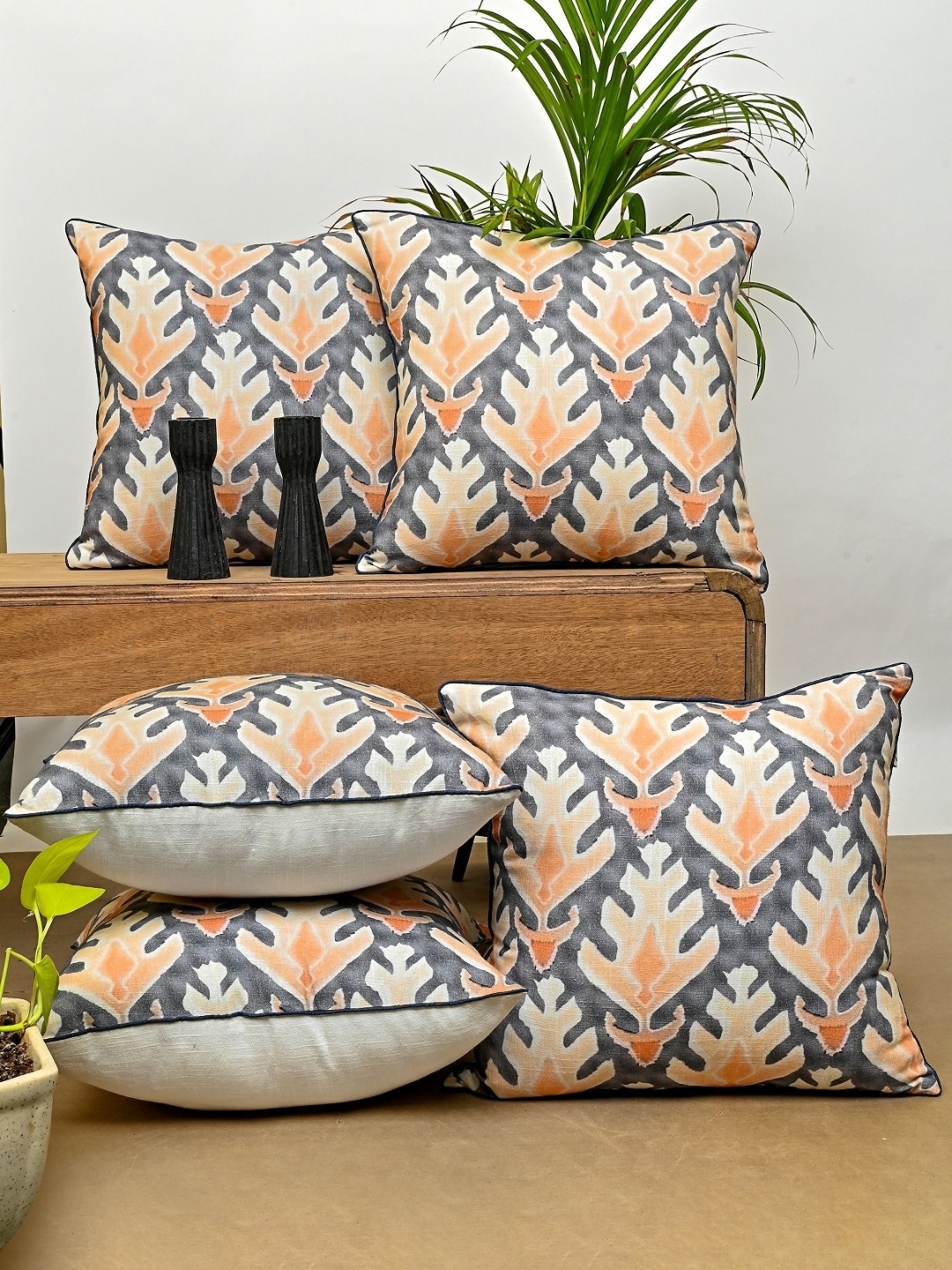 

ANWYN White & Orange 5 Pieces Abstract Printed Cotton Square Cushion Covers