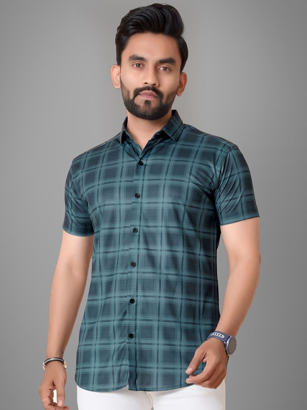 

Metronaut Men Regular Fit Spread Collar Checked Elastane Casual Shirt, Teal