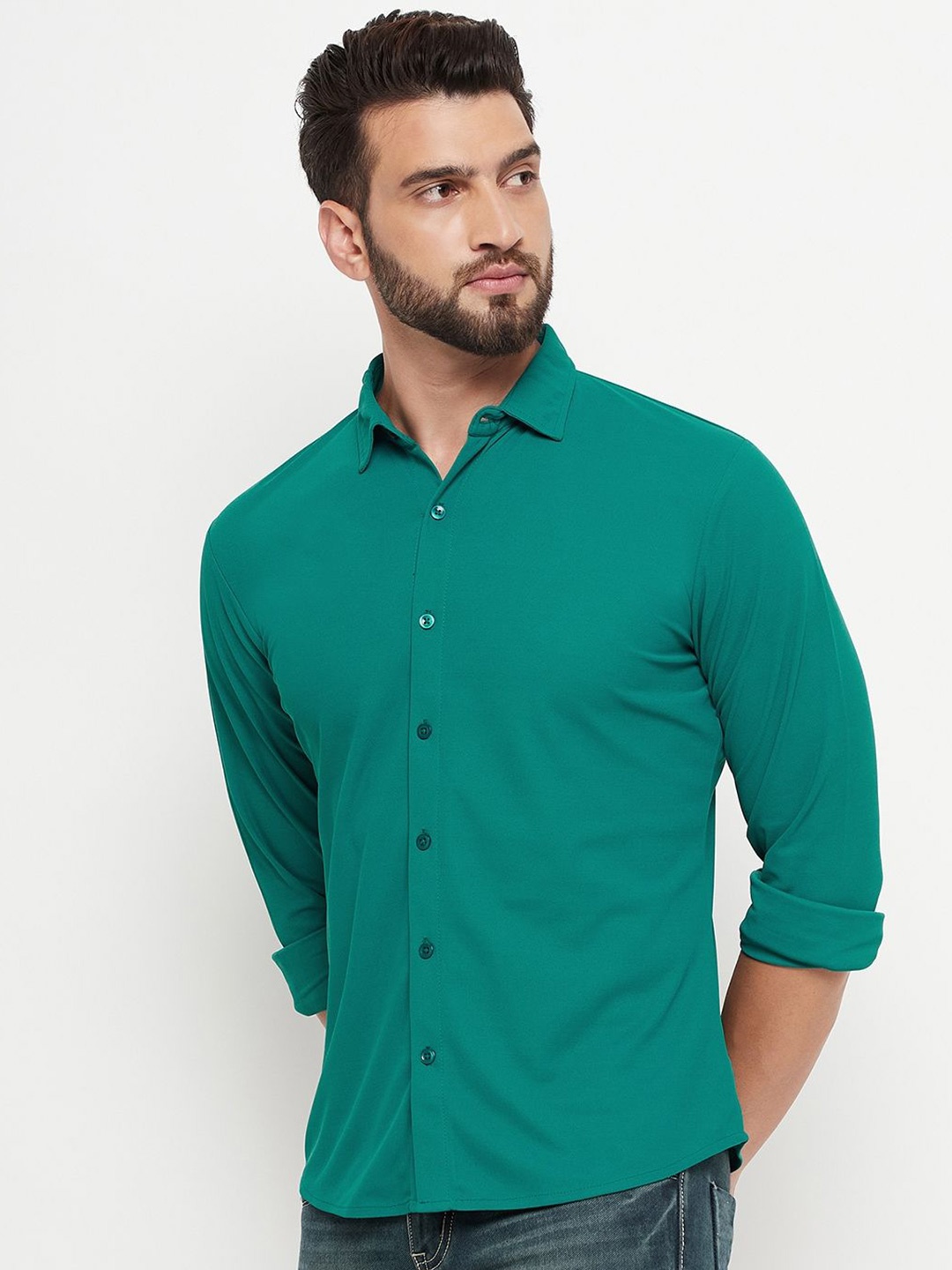 

RENUOVO Men Spread Collar Solid Cotton Casual Shirt, Green