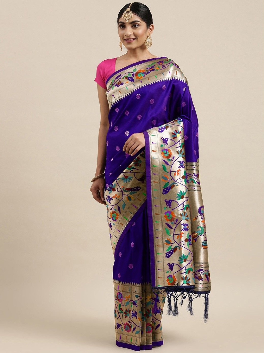 

DIVASTRI Woven Design Zari Silk Blend Paithani Saree, Violet