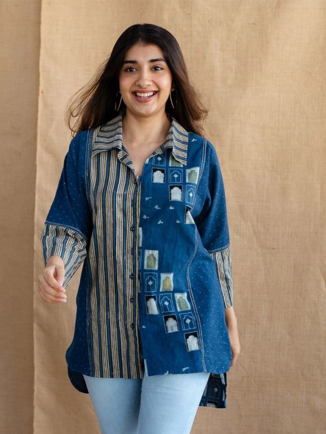 

THE INDIAN ETHNIC CO Women Indigo Ajrakh Cotton Embroiderd Shirt, Blue