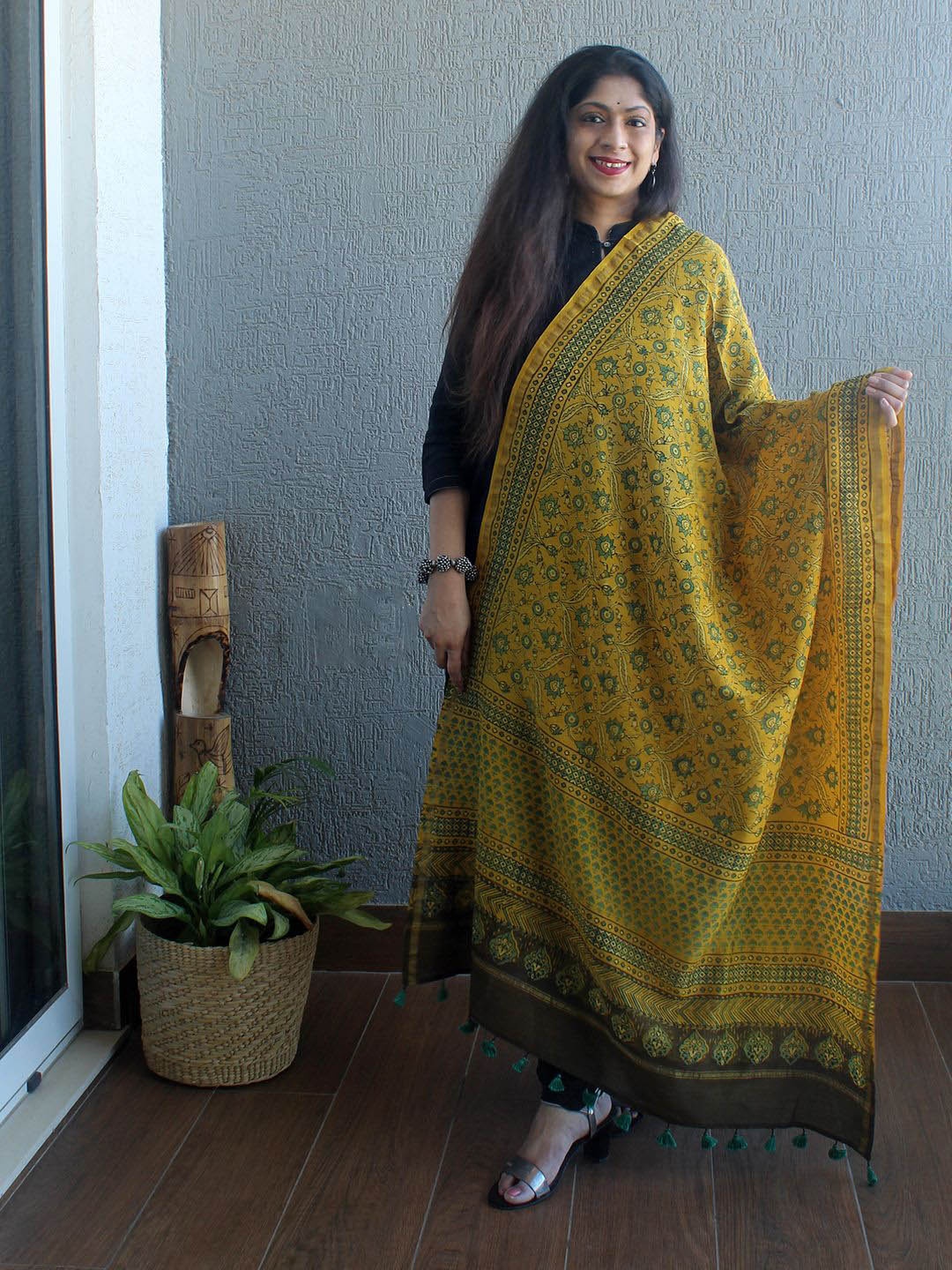 

Weaves of Tradition Ethnic Motifs Printed Block Print Dupatta, Yellow