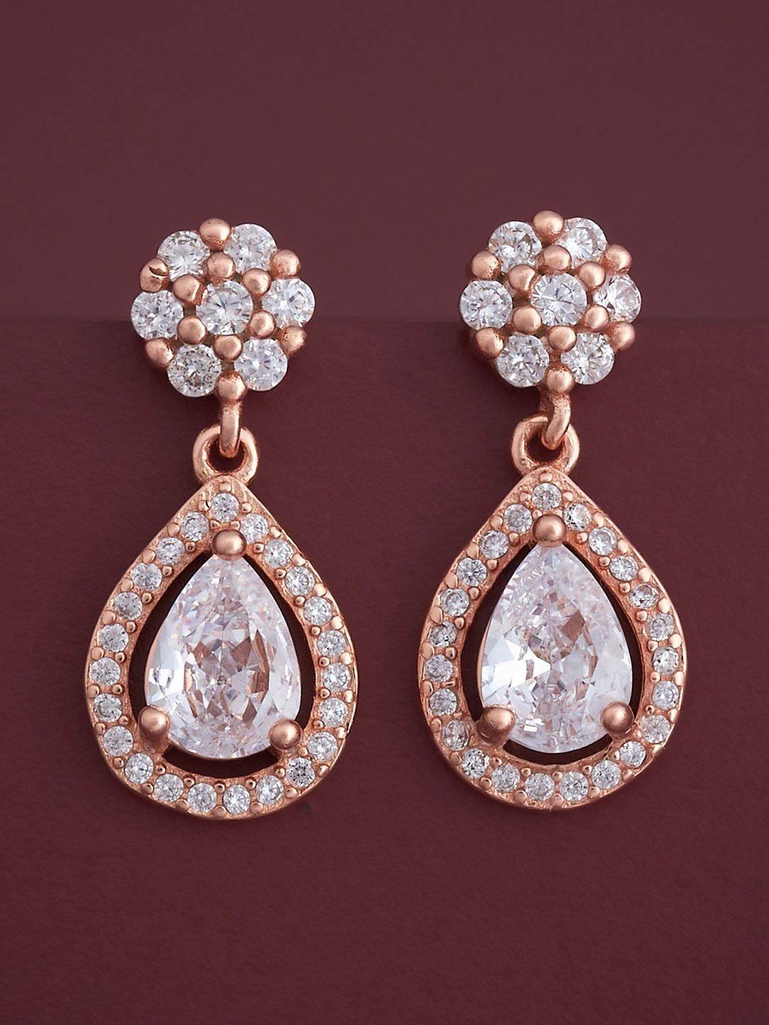 

Kushal's Fashion Jewellery 92.5 Silver Rose Gold-Plated CZ Studded Drop Earrings