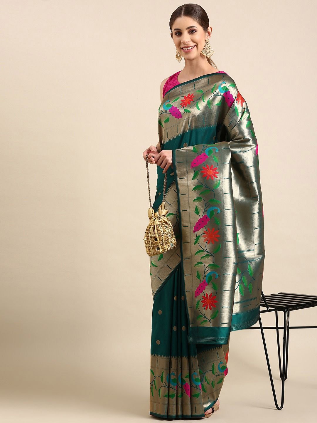 

DIVASTRI Woven Design Zari Silk Blend Paithani Saree, Teal