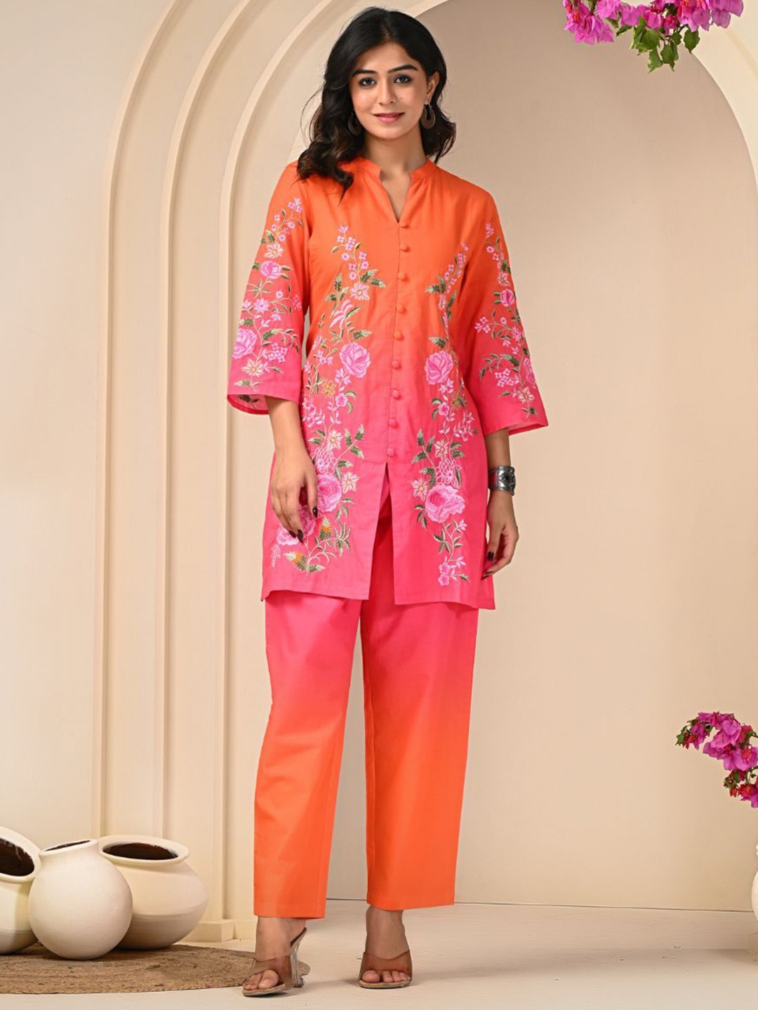 

Zolo Label Floral Ombre Embroidered Tunic With Trouser Co-Ords Set, Orange