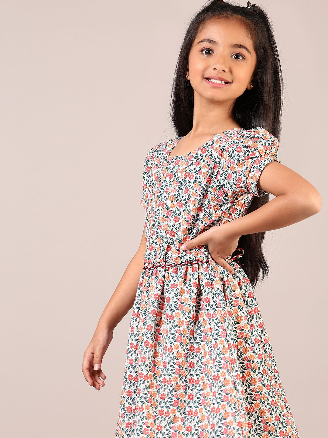 

V-Mart Girls Floral Print Fit & Flare Midi Round Neck Cotton Puff Sleeves Dress, Peach