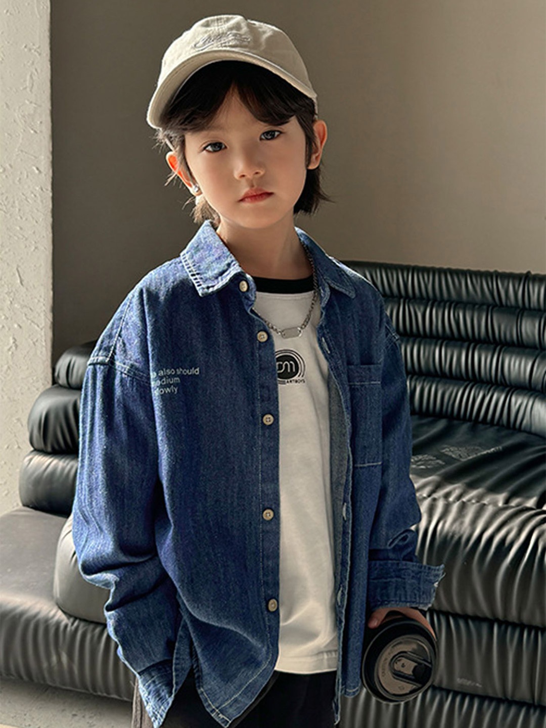 

LULU & SKY Boys Relaxed Fit Spread Collar Faded Cotton Casual Shirt, Blue