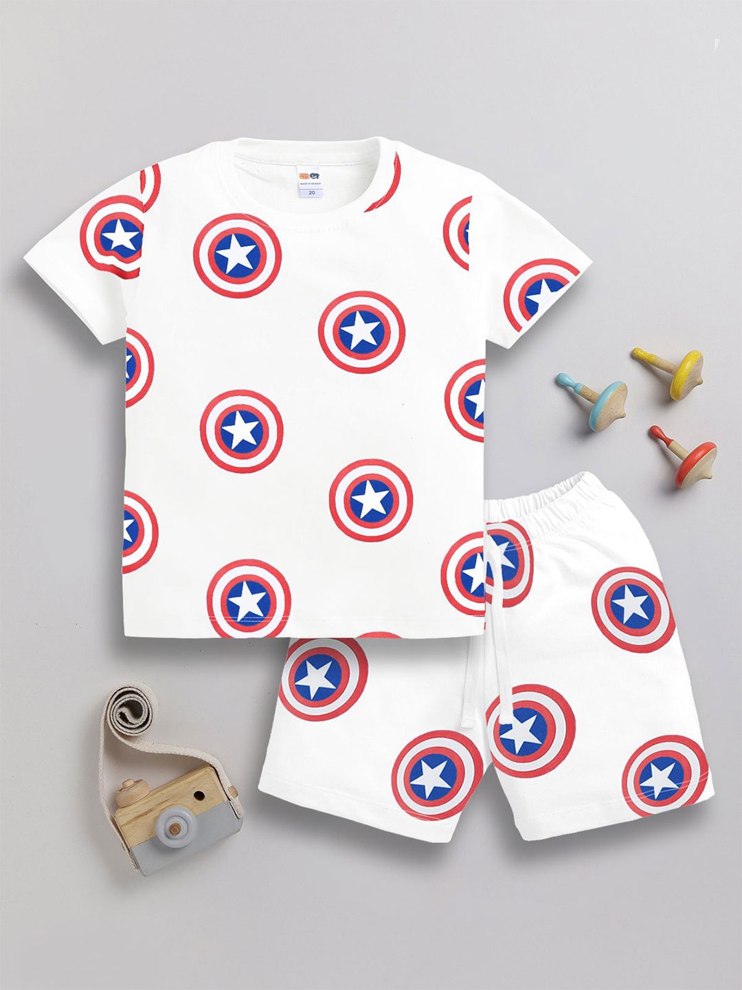 

LITTLE NINJA Boys Printed Round Neck Pure Cotton T-Shirt With Shorts, White