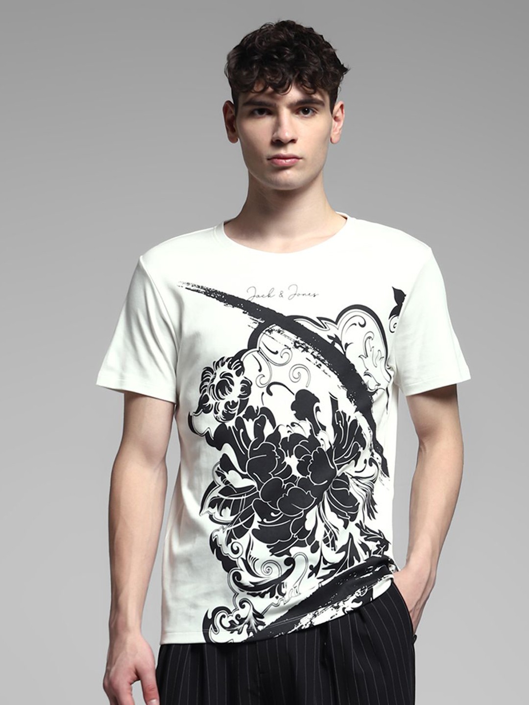 

Jack & Jones Men Floral Printed Round Neck Cotton T-shirt, White